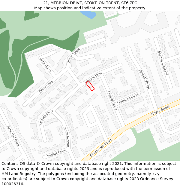 21, MERRION DRIVE, STOKE-ON-TRENT, ST6 7PG: Location map and indicative extent of plot