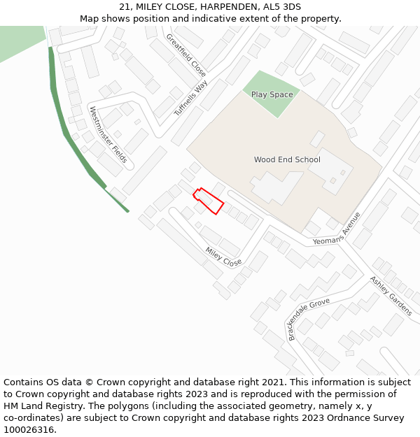 21, MILEY CLOSE, HARPENDEN, AL5 3DS: Location map and indicative extent of plot