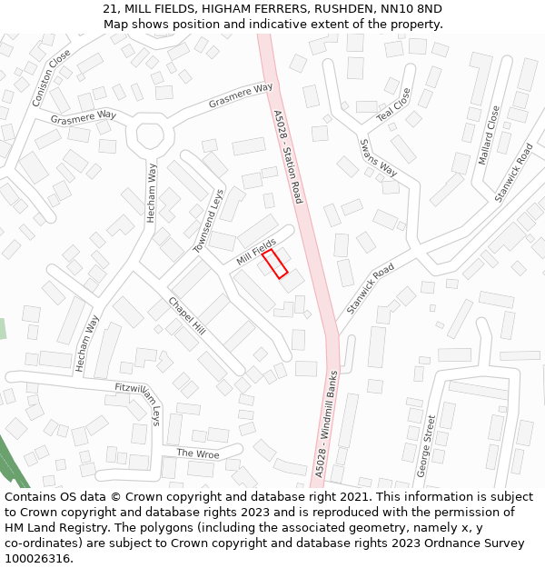 21, MILL FIELDS, HIGHAM FERRERS, RUSHDEN, NN10 8ND: Location map and indicative extent of plot