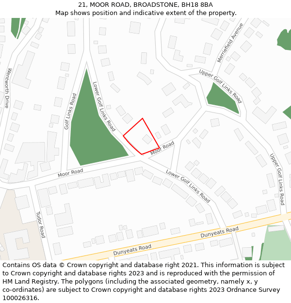 21, MOOR ROAD, BROADSTONE, BH18 8BA: Location map and indicative extent of plot