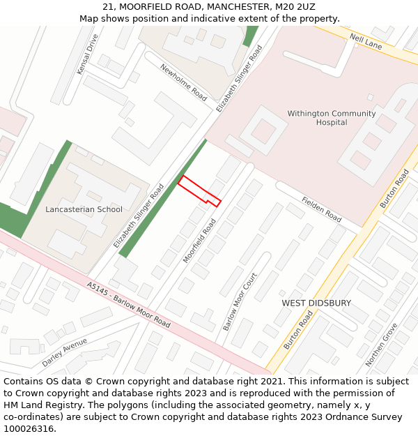 21, MOORFIELD ROAD, MANCHESTER, M20 2UZ: Location map and indicative extent of plot