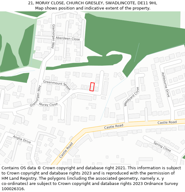 21, MORAY CLOSE, CHURCH GRESLEY, SWADLINCOTE, DE11 9HL: Location map and indicative extent of plot