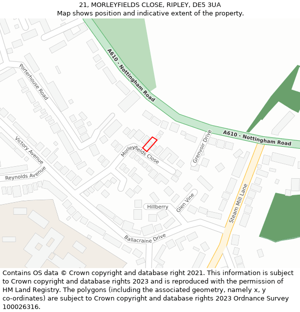 21, MORLEYFIELDS CLOSE, RIPLEY, DE5 3UA: Location map and indicative extent of plot