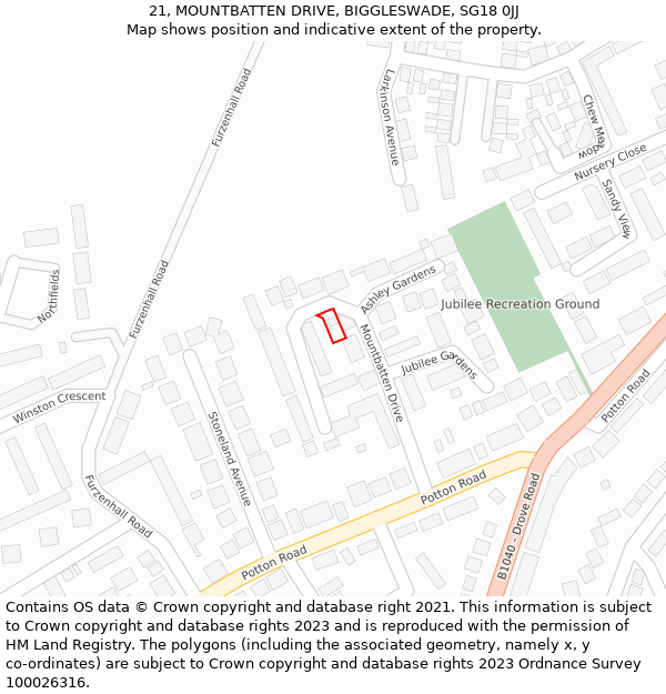 21, MOUNTBATTEN DRIVE, BIGGLESWADE, SG18 0JJ: Location map and indicative extent of plot