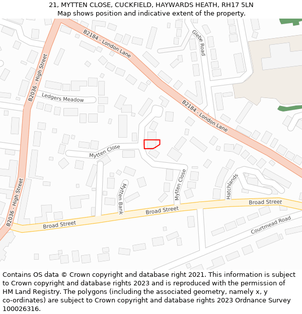 21, MYTTEN CLOSE, CUCKFIELD, HAYWARDS HEATH, RH17 5LN: Location map and indicative extent of plot