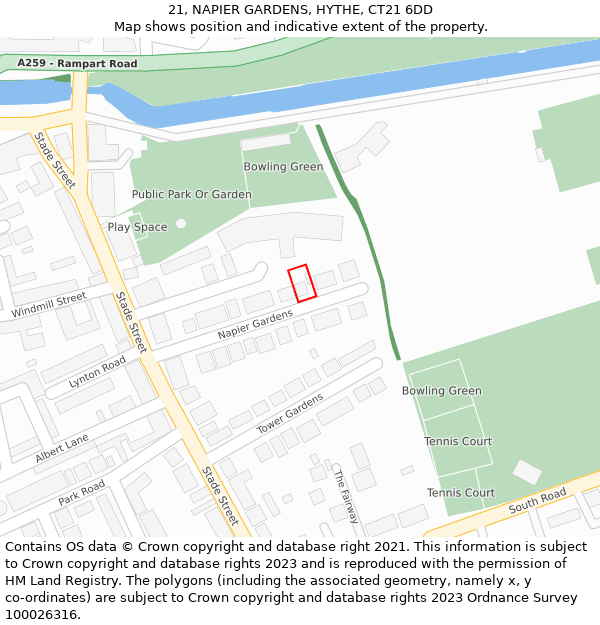 21, NAPIER GARDENS, HYTHE, CT21 6DD: Location map and indicative extent of plot