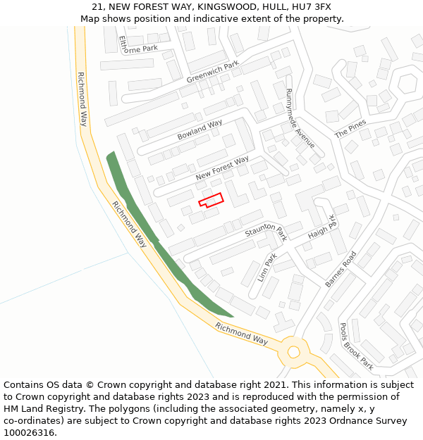 21, NEW FOREST WAY, KINGSWOOD, HULL, HU7 3FX: Location map and indicative extent of plot