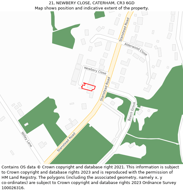 21, NEWBERY CLOSE, CATERHAM, CR3 6GD: Location map and indicative extent of plot