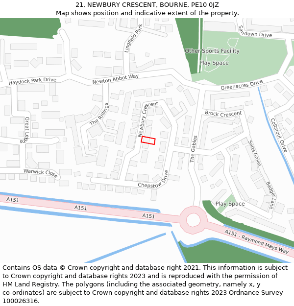 21, NEWBURY CRESCENT, BOURNE, PE10 0JZ: Location map and indicative extent of plot