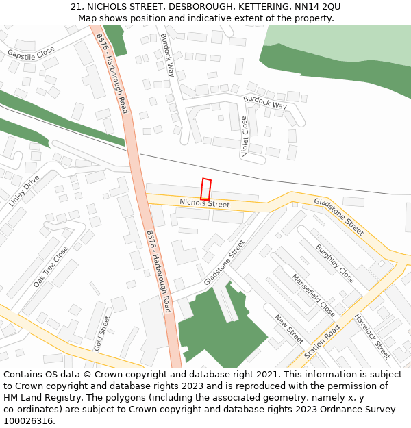 21, NICHOLS STREET, DESBOROUGH, KETTERING, NN14 2QU: Location map and indicative extent of plot
