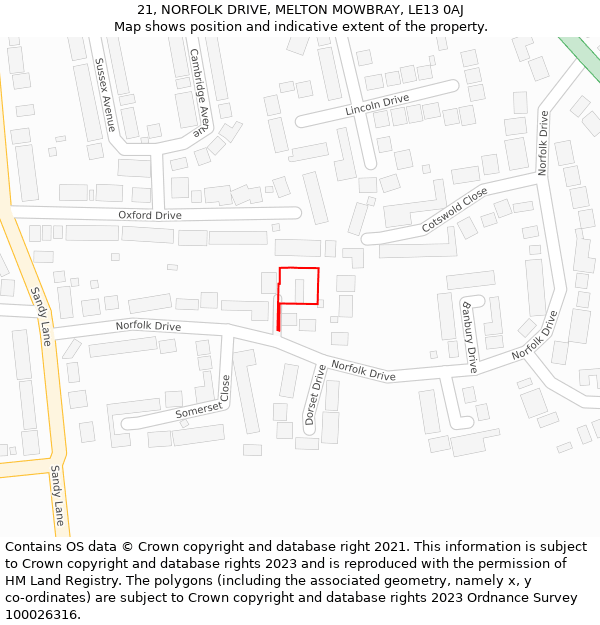 21, NORFOLK DRIVE, MELTON MOWBRAY, LE13 0AJ: Location map and indicative extent of plot