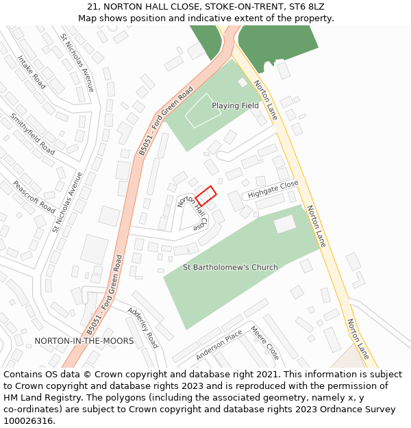 21, NORTON HALL CLOSE, STOKE-ON-TRENT, ST6 8LZ: Location map and indicative extent of plot