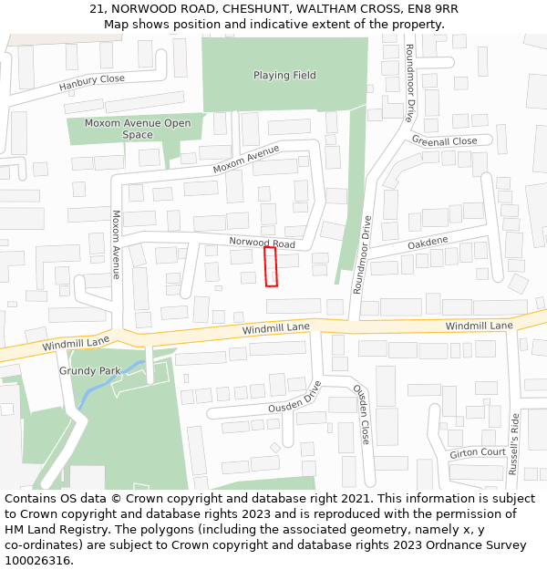 21, NORWOOD ROAD, CHESHUNT, WALTHAM CROSS, EN8 9RR: Location map and indicative extent of plot