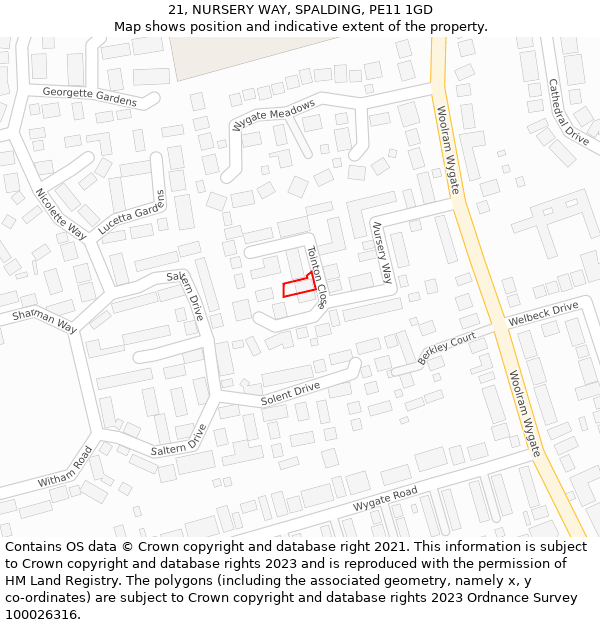 21, NURSERY WAY, SPALDING, PE11 1GD: Location map and indicative extent of plot