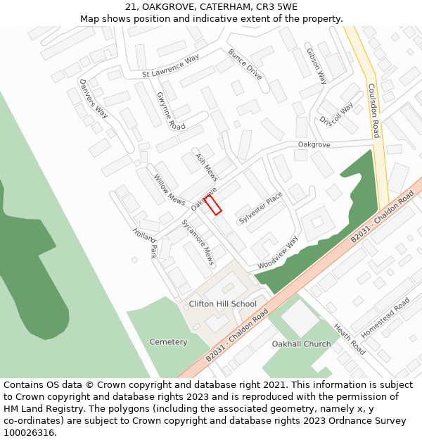 21, OAKGROVE, CATERHAM, CR3 5WE: Location map and indicative extent of plot