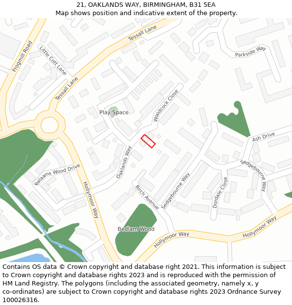 21, OAKLANDS WAY, BIRMINGHAM, B31 5EA: Location map and indicative extent of plot