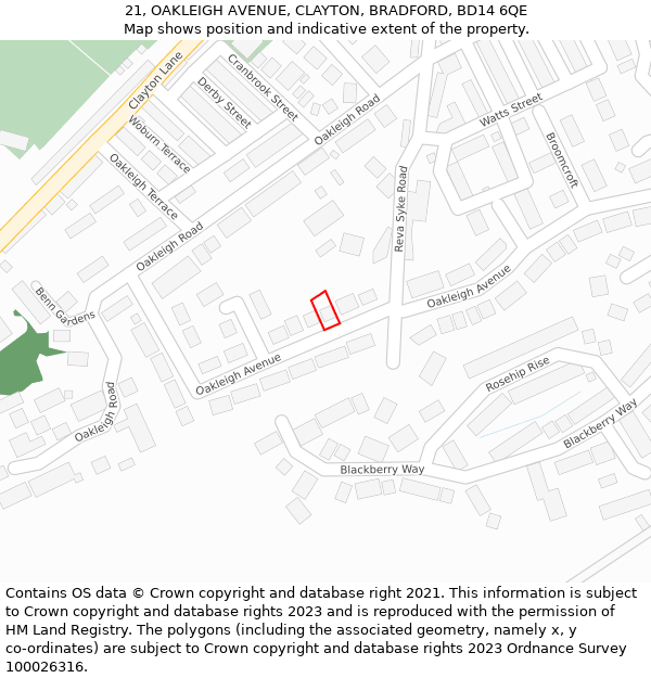 21, OAKLEIGH AVENUE, CLAYTON, BRADFORD, BD14 6QE: Location map and indicative extent of plot