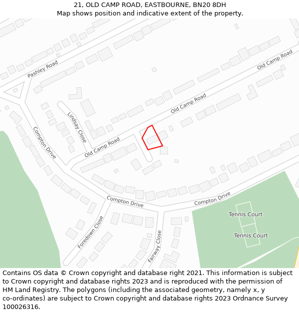 21, OLD CAMP ROAD, EASTBOURNE, BN20 8DH: Location map and indicative extent of plot