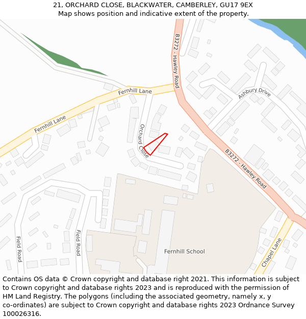 21, ORCHARD CLOSE, BLACKWATER, CAMBERLEY, GU17 9EX: Location map and indicative extent of plot