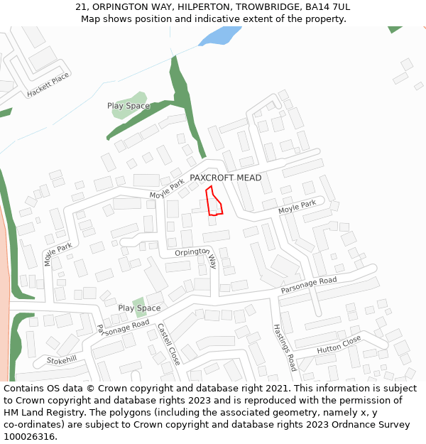 21, ORPINGTON WAY, HILPERTON, TROWBRIDGE, BA14 7UL: Location map and indicative extent of plot