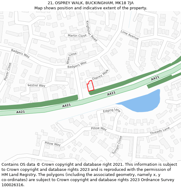 21, OSPREY WALK, BUCKINGHAM, MK18 7JA: Location map and indicative extent of plot