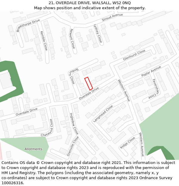 21, OVERDALE DRIVE, WALSALL, WS2 0NQ: Location map and indicative extent of plot