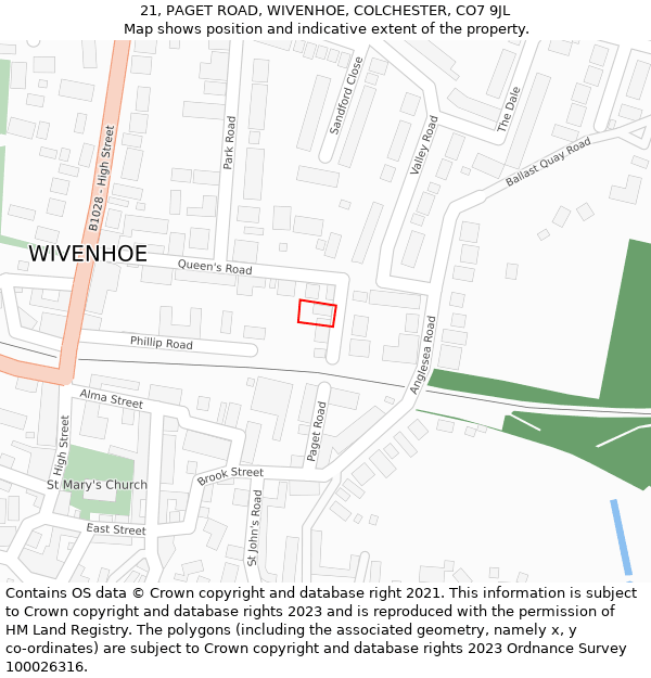 21, PAGET ROAD, WIVENHOE, COLCHESTER, CO7 9JL: Location map and indicative extent of plot