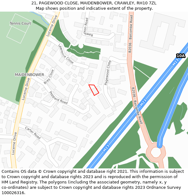 21, PAGEWOOD CLOSE, MAIDENBOWER, CRAWLEY, RH10 7ZL: Location map and indicative extent of plot