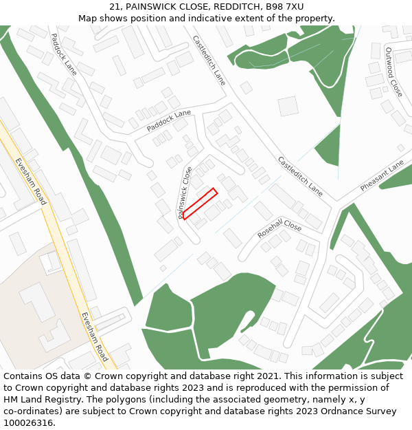 21, PAINSWICK CLOSE, REDDITCH, B98 7XU: Location map and indicative extent of plot