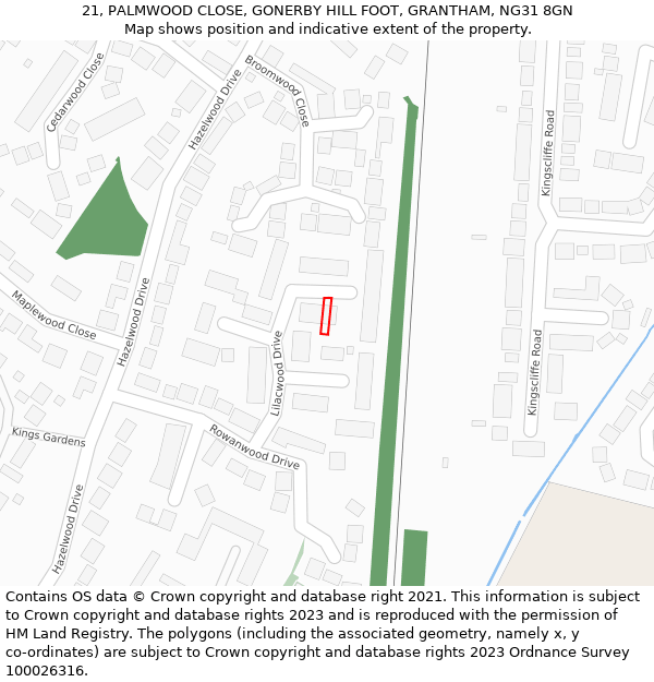 21, PALMWOOD CLOSE, GONERBY HILL FOOT, GRANTHAM, NG31 8GN: Location map and indicative extent of plot