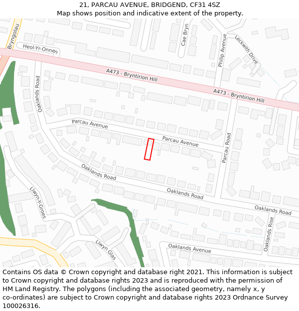 21, PARCAU AVENUE, BRIDGEND, CF31 4SZ: Location map and indicative extent of plot