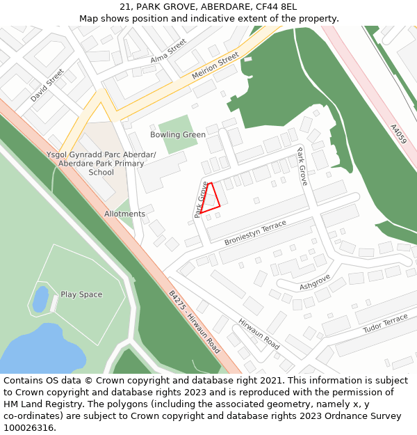 21, PARK GROVE, ABERDARE, CF44 8EL: Location map and indicative extent of plot