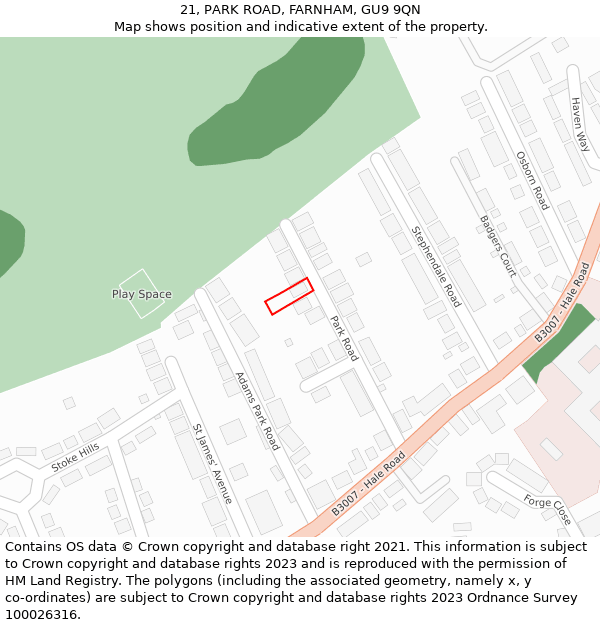 21, PARK ROAD, FARNHAM, GU9 9QN: Location map and indicative extent of plot