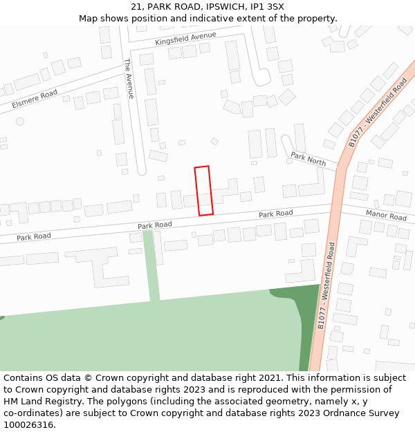 21, PARK ROAD, IPSWICH, IP1 3SX: Location map and indicative extent of plot