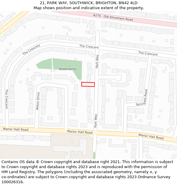 21, PARK WAY, SOUTHWICK, BRIGHTON, BN42 4LD: Location map and indicative extent of plot