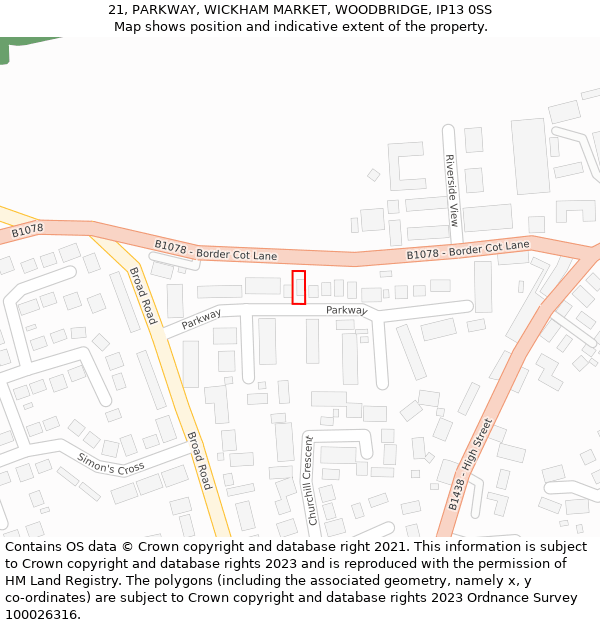 21, PARKWAY, WICKHAM MARKET, WOODBRIDGE, IP13 0SS: Location map and indicative extent of plot