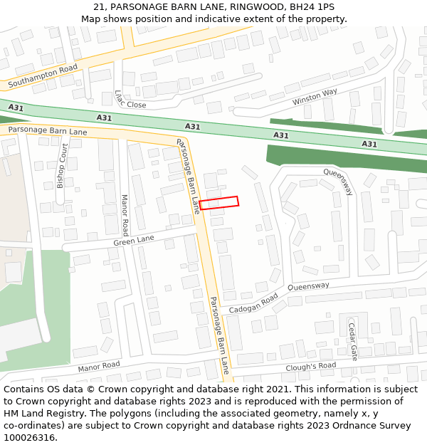 21, PARSONAGE BARN LANE, RINGWOOD, BH24 1PS: Location map and indicative extent of plot