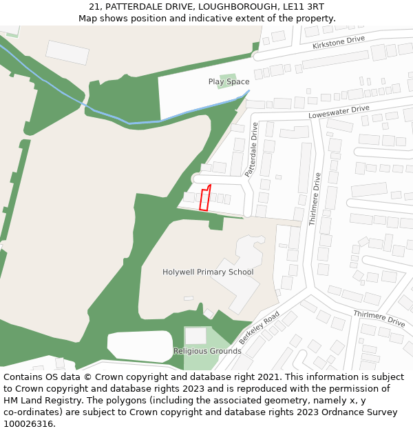 21, PATTERDALE DRIVE, LOUGHBOROUGH, LE11 3RT: Location map and indicative extent of plot