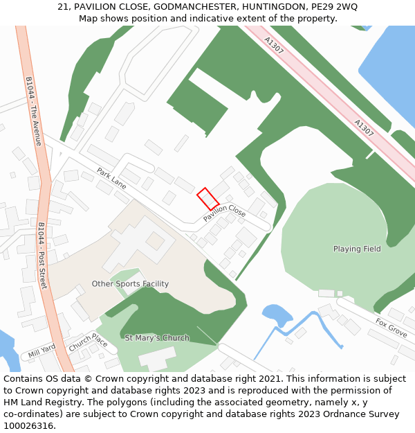 21, PAVILION CLOSE, GODMANCHESTER, HUNTINGDON, PE29 2WQ: Location map and indicative extent of plot