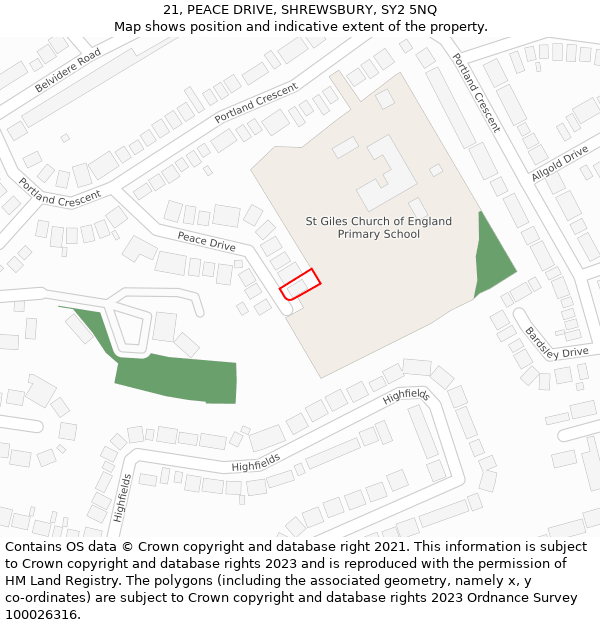 21, PEACE DRIVE, SHREWSBURY, SY2 5NQ: Location map and indicative extent of plot