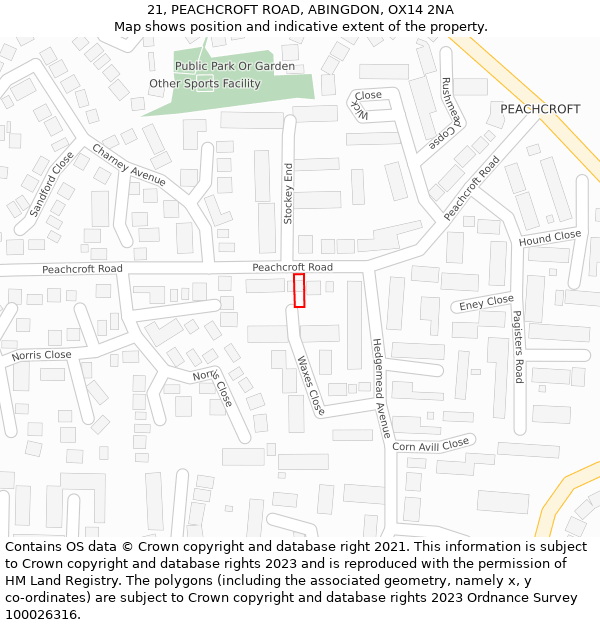 21, PEACHCROFT ROAD, ABINGDON, OX14 2NA: Location map and indicative extent of plot