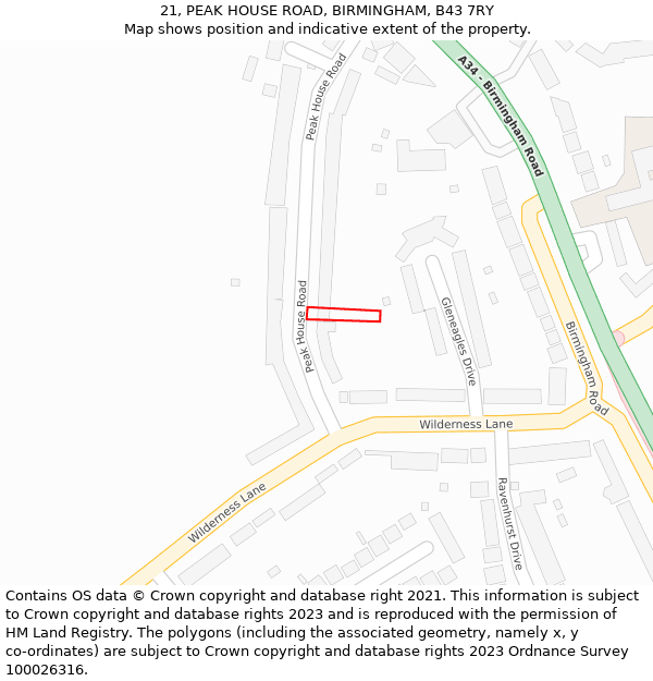 21, PEAK HOUSE ROAD, BIRMINGHAM, B43 7RY: Location map and indicative extent of plot
