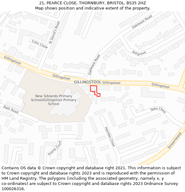 21, PEARCE CLOSE, THORNBURY, BRISTOL, BS35 2HZ: Location map and indicative extent of plot