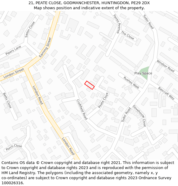 21, PEATE CLOSE, GODMANCHESTER, HUNTINGDON, PE29 2DX: Location map and indicative extent of plot