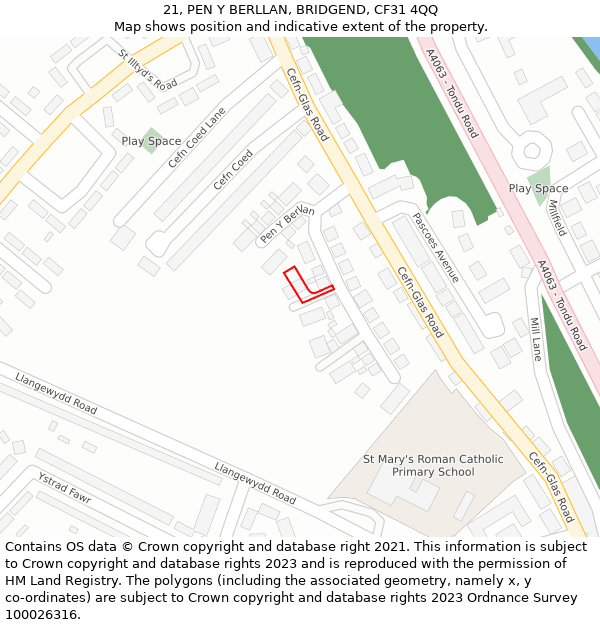21, PEN Y BERLLAN, BRIDGEND, CF31 4QQ: Location map and indicative extent of plot