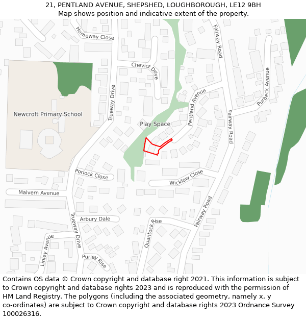 21, PENTLAND AVENUE, SHEPSHED, LOUGHBOROUGH, LE12 9BH: Location map and indicative extent of plot