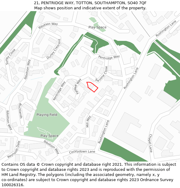 21, PENTRIDGE WAY, TOTTON, SOUTHAMPTON, SO40 7QF: Location map and indicative extent of plot