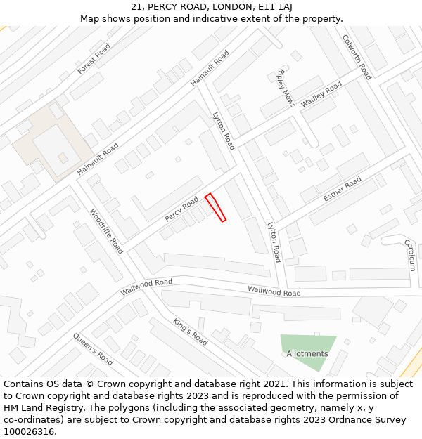 21, PERCY ROAD, LONDON, E11 1AJ: Location map and indicative extent of plot