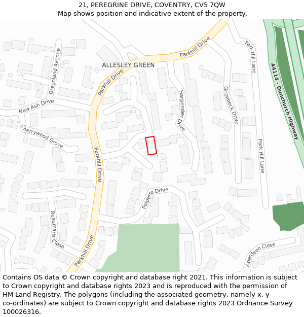 21, PEREGRINE DRIVE, COVENTRY, CV5 7QW: Location map and indicative extent of plot