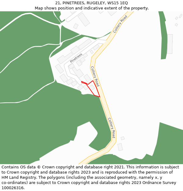 21, PINETREES, RUGELEY, WS15 1EQ: Location map and indicative extent of plot